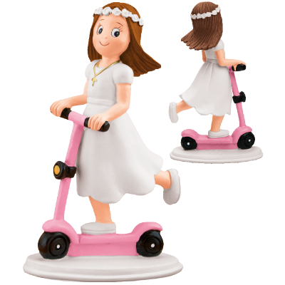 Figurinha de menina com vestido branco em trotinetes rosa