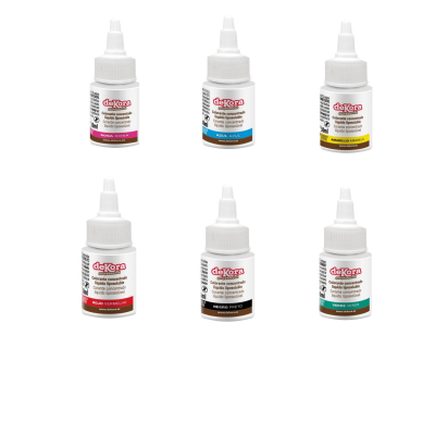 Seis tubos pequenos de gel colorido de cor rosa, azul, amarelo, vermelho, preto e verde