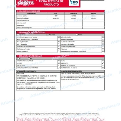 Ficha técnica de produto deKora com informações sobre microbiologia, alergénios e conservação