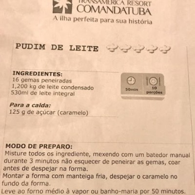 Receita escrita de pudim de leite do Transamerica Resort Comandatuba em papel creme