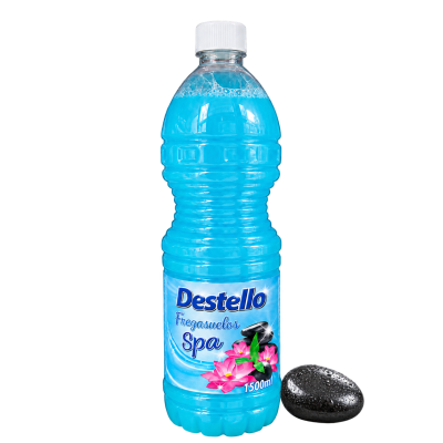 frasco plástico azul de detergente para chão com tampo branco e rótulo colorido
