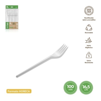 Garfo reutilizável branco de 16,5 cm em embalagem com 100 unidades