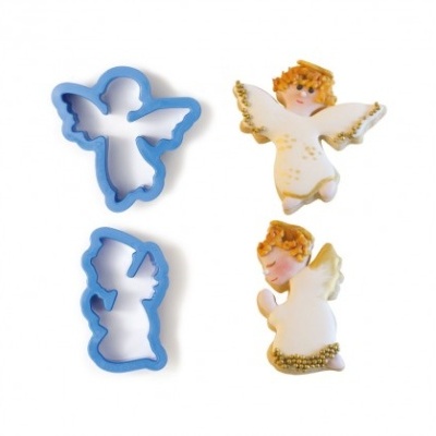 Moldes azuis de anjo e figuras decorativas de anjos com asas brancas e detalhes dourados