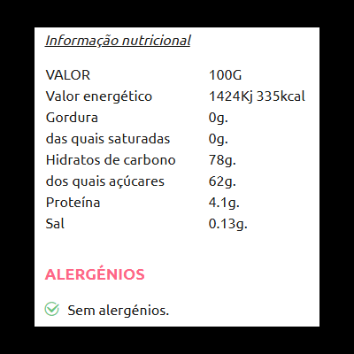 Tabela nutricional em português com valores e indicação de sem alergénios
