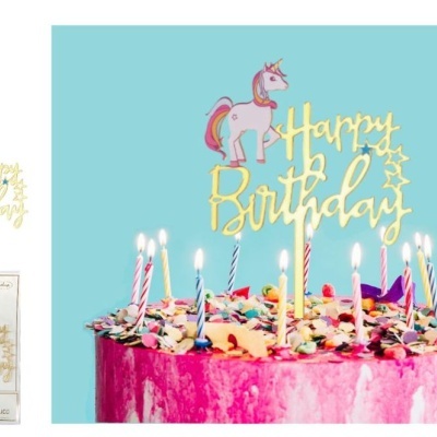 Topo de bolo dourado com unicórnio e texto HAPPY BIRTHDAY