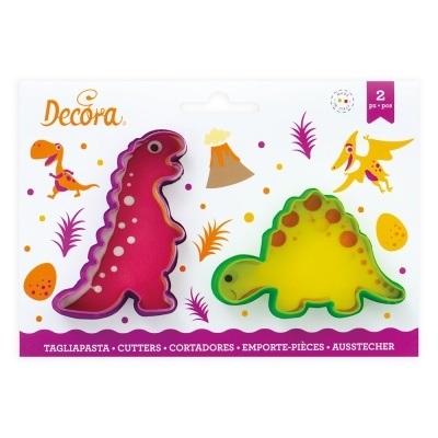 Cortadores de massa coloridos em forma de dinossauros em embalagem de cartão branco