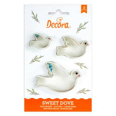Conjunto de 3 cortadores metálicos em forma de pomba em embalagem de cartão