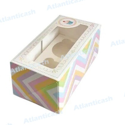 Caixa retangular para bolos com visor transparente e padrão geométrico pastel