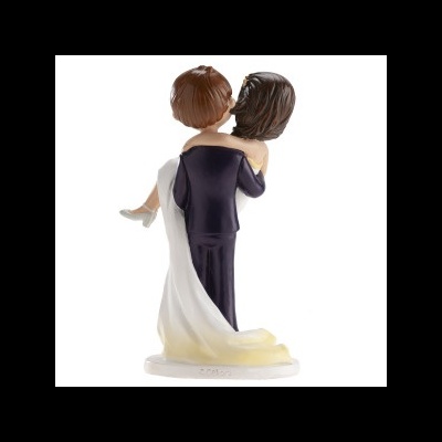 Figura decorativa de noivos vestindo fato preto e vestido branco, noivo carregando noiva