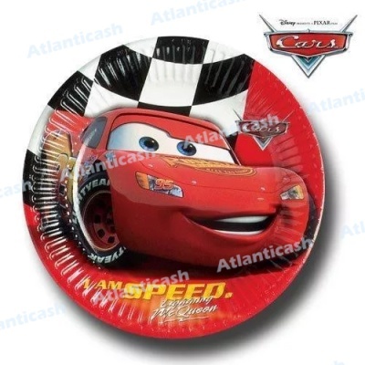 Prato descartável vermelho com Relâmpago McQueen e padrão de bandeira quadriculada