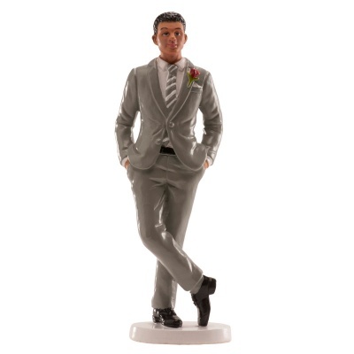 Figura decorativa de homem com fato cinza e gravata listrada