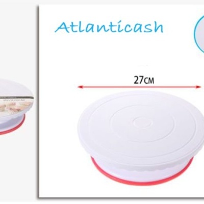 Prato giratório branco e vermelho com dimensões e texto Atlanticash