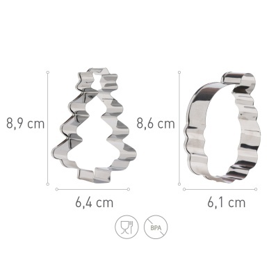 Dois cortadores de biscoitos metálicos em formas de árvore de Natal e oval ondulado com dimensões visíveis.