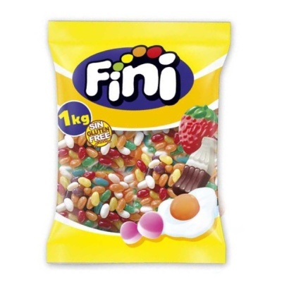 Pacote amarelo de rebuçados Fini com várias gelatinas coloridas e texto 'SIN GLUTEN FREE'