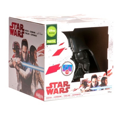 Cofrinho Star Wars em caixa branca com imagens de personagens e texto com diferentes cores