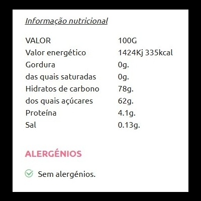 Informação nutricional e alergénios de produto alimentar em português