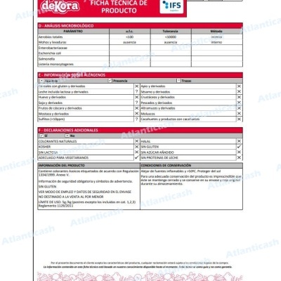 Ficha técnica de produto com informações microbiológicas, alergénios, declarações e conservação da deKora