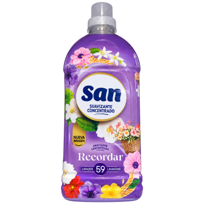 Frasco de amaciador concentrado roxo com flores na etiqueta e texto em espanhol e português