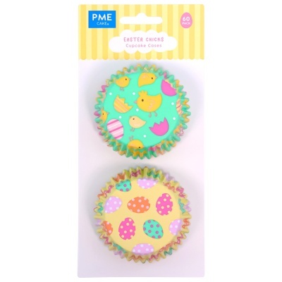 Pacote com 60 forminhas para cupcake com padrões de pintinhos e ovos de Páscoa.