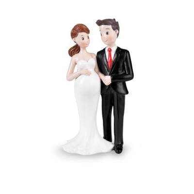 Figura decorativa de casal de noivos, vestido branco e fato preto