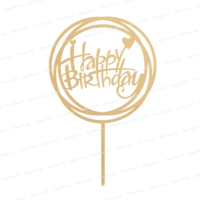 Topo para bolo de madeira com texto Happy Birthday em círculos