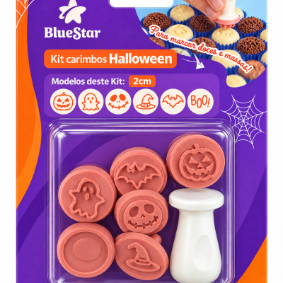 Kit carimbos Halloween azul e laranja com seis carimbos de borracha rosa e base branca