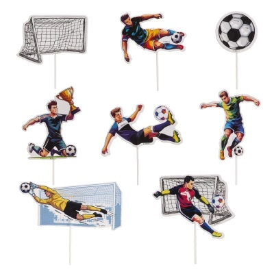 Toppers de bolo coloridos de futebol com jogadores, bolas e balizas