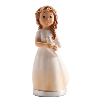 Figura decorativa de menina com vestido branco e coroa de flores segurando um pombo