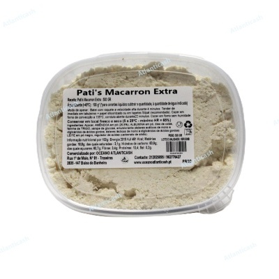 Embalagem transparente com pó Pati's Macarron Extra e rótulo branco com texto