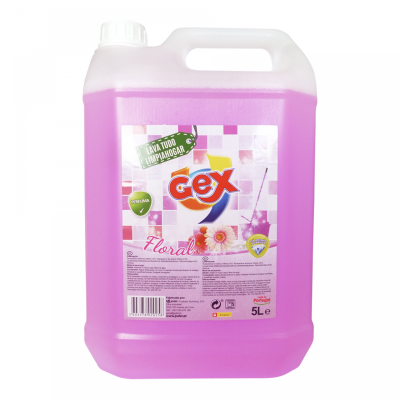 Recipiente plástico rosa de detergente Gex Floral 5L com etiqueta e alça branca