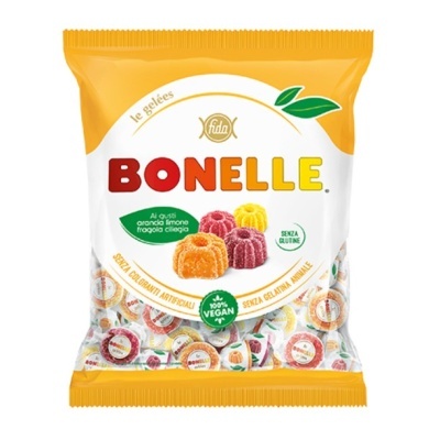 Embalagem amarela e branca de doces BONELLE com gomas coloridas de vários sabores