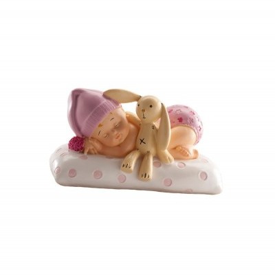 Figura decorativa de bebé a dormir com coelho sobre almofada com bolinhas cor-de-rosa