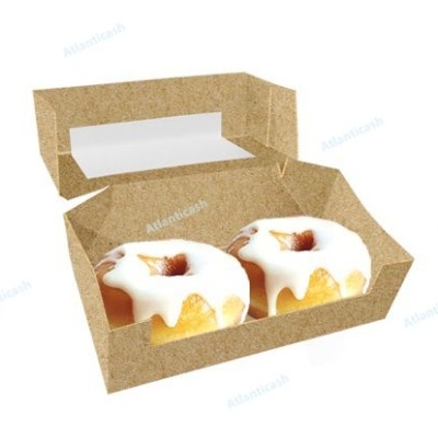 Dois donuts com cobertura branca numa caixa de papel castanho aberta