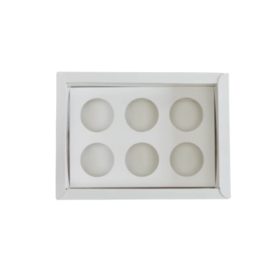 Caixa branca com seis cavidades circulares e tampa transparente