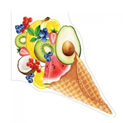 Cone de gelado decorado com várias frutas coloridas