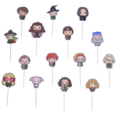Toppers para bolos com personagens de Harry Potter em papel colorido em palitos de madeira