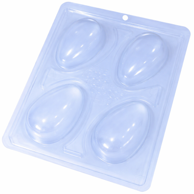 Molde transparente de plástico com quatro cavidades em forma de ovo
