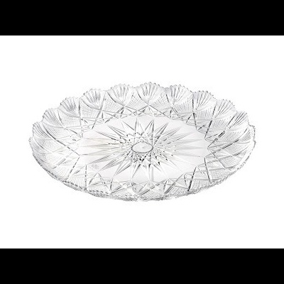 Prato raso redondo em vidro transparente com padrão decorativo.