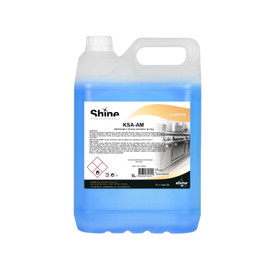 Recipiente de produto de limpeza azul com rótulo e asa