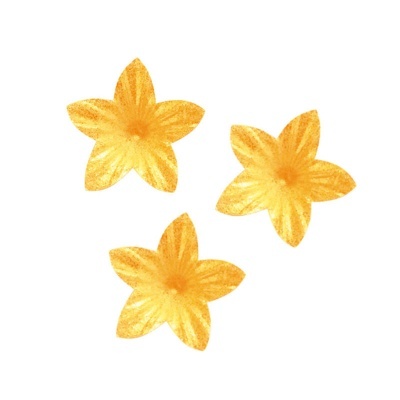 Três flores decorativas amarelas com cinco pétalas cada sobre fundo branco