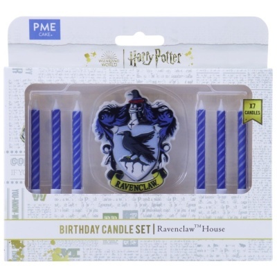 Conjunto de velas azuis com símbolo da casa Ravenclaw do Harry Potter em caixa branca