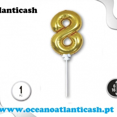 Balão dourado número 8 em pau branco com texto e medidas em fundo branco