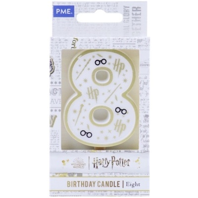 Vela de aniversário número 8 Harry Potter em embalagem branca e dourada