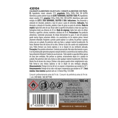 Rótulo de colorante alimentário líquido prata com texto e códigos de barras