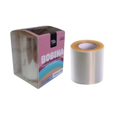 Bobina transparente de PVC com embalagem rotulada rosa azul e laranja