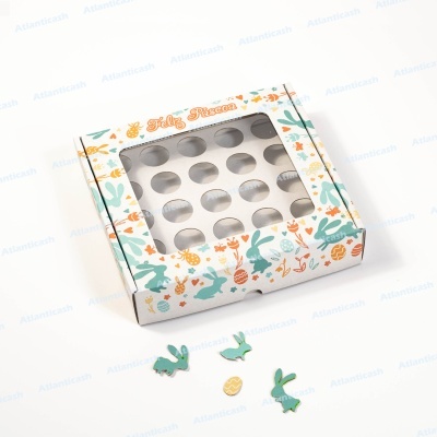 Caixa decorativa de Páscoa com coelhos verdes e ovos coloridos