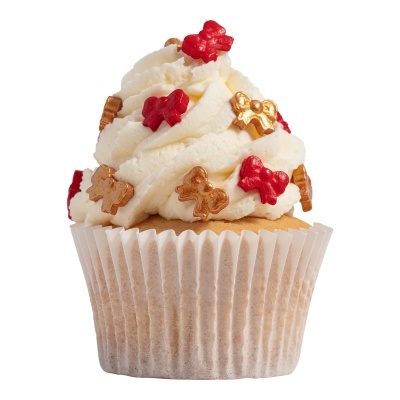 Cupcake com cobertura branca e confeitos vermelhos e dourados