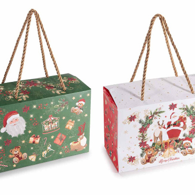 Caixas de presente de Natal verde e branca com alças de corda dourada