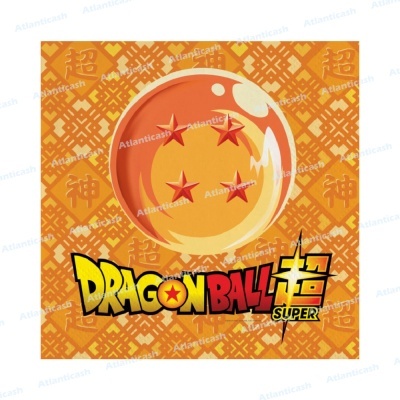 Bola laranja com quatro estrelas vermelhas e texto Dragon Ball Super sobre fundo laranja com padrão e caracteres chineses