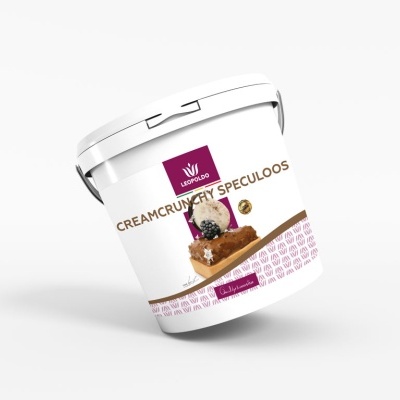 Embalagem branca de produto alimentar CREAMCRUNCHY SPECULOOS da LINDEPO com imagem de sobremesa.